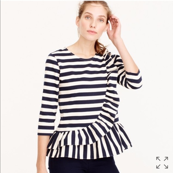 J.Crew Asymmetrical Striped Ruffle Top, 3/4 sleeve, navy and off white stripe, M - Picture 1 of 3
